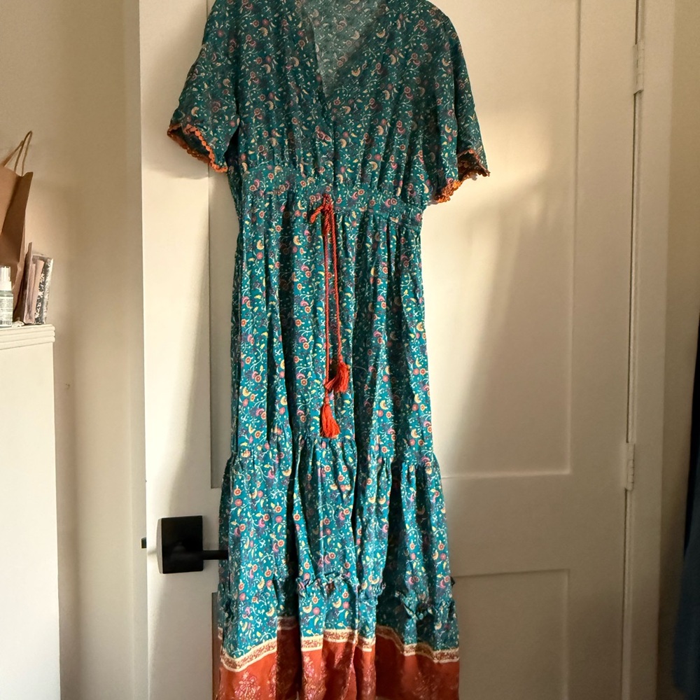 Boho Teal Floral Maxi Dress with Rust Trim and Tassel - Picture 4 of 5